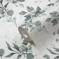 397682 Papier Peint Floral Aquarelle Vert Blanc Argent AS...